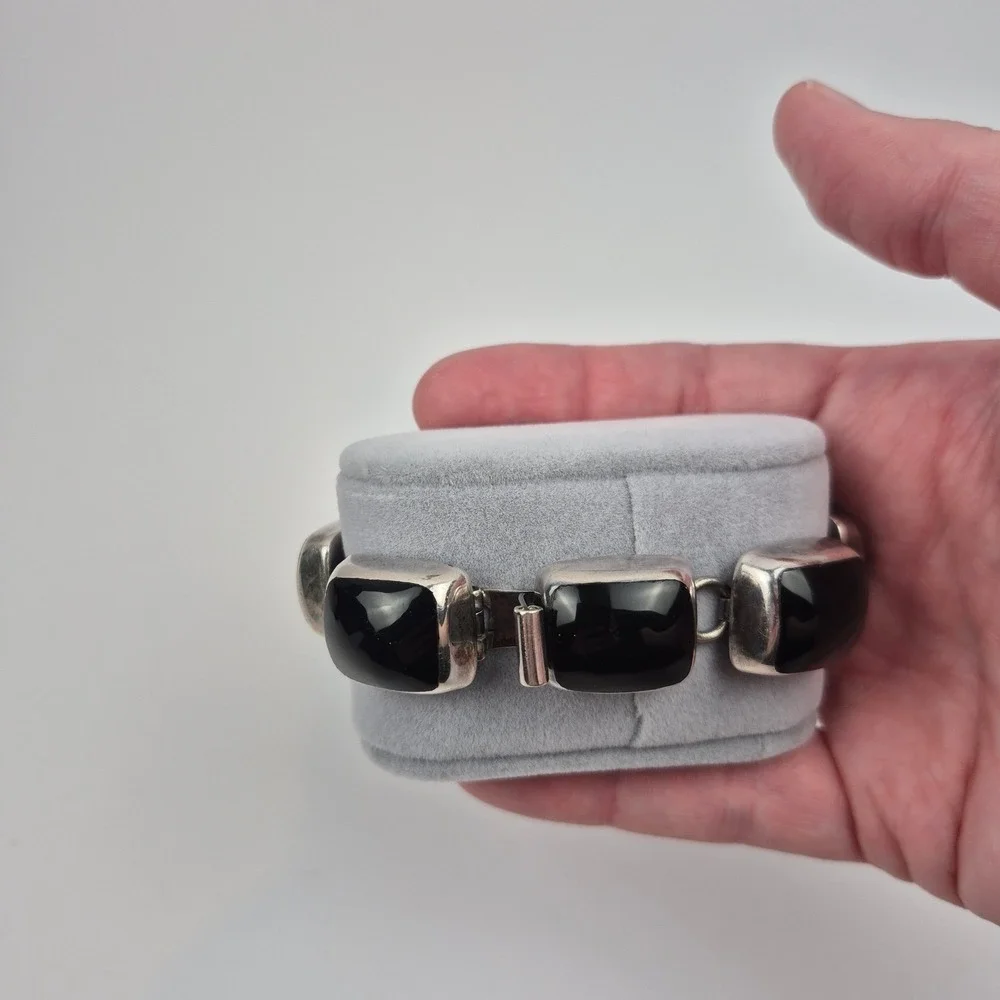 VTG Taxco Sterling Silver Black Onyx Bracelet TZ-17 925 68g Chunky‎ Mexico 6.5